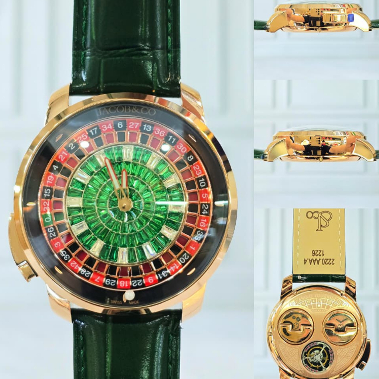 Jam Tangan Pria *.&.* Tourbillon Roulette Rose Gold Green Leather - Jam Mewah Unik Premium High Qual