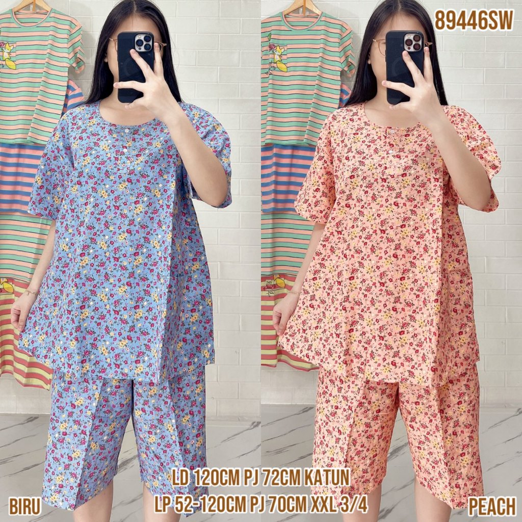 Baju Tidur Merlin BD Celana 3/4 XXL Jumbo Setelan Katun Motif karakter  - Bahan Katun Premium