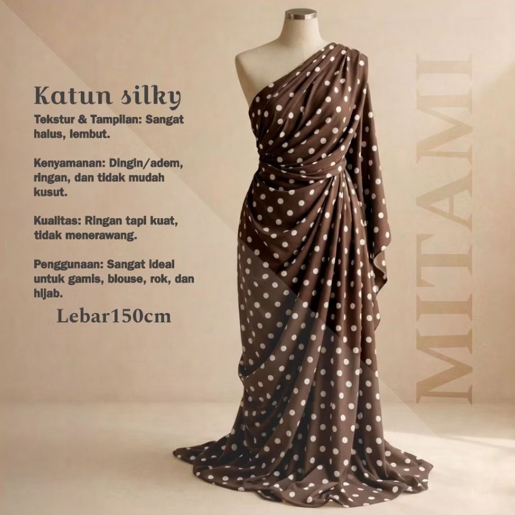 Katun Silk Import Motif Polkadot Besar Mewah | Bahan Gamis Piyama Jatuh Lembut Meteran (Harga Kain P