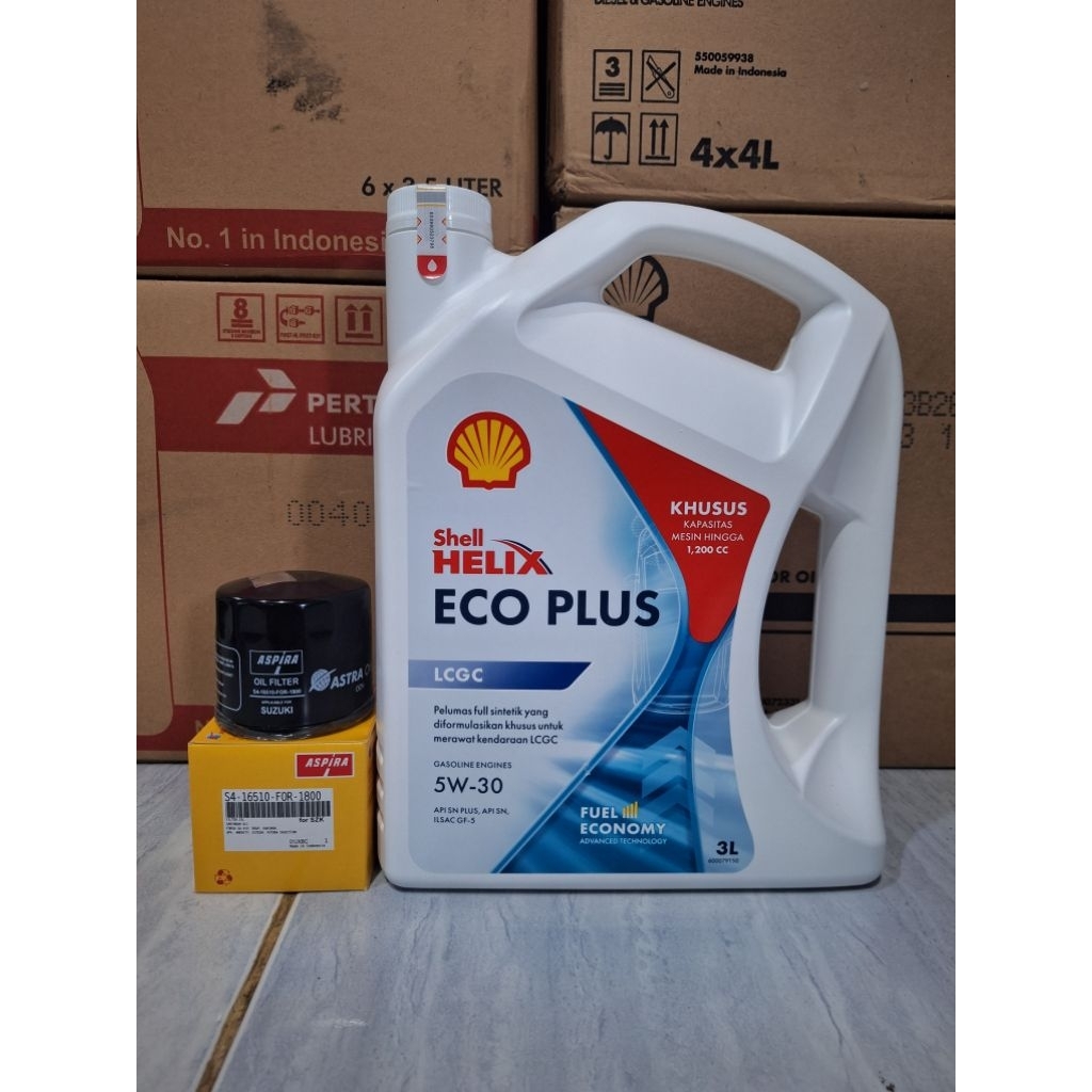 Paket Oli SHELL ECO PLUS 5W-30 3 Liter dan filter oli mobil SUZUKI Karimun, spresso, ertiga, XL7, ca