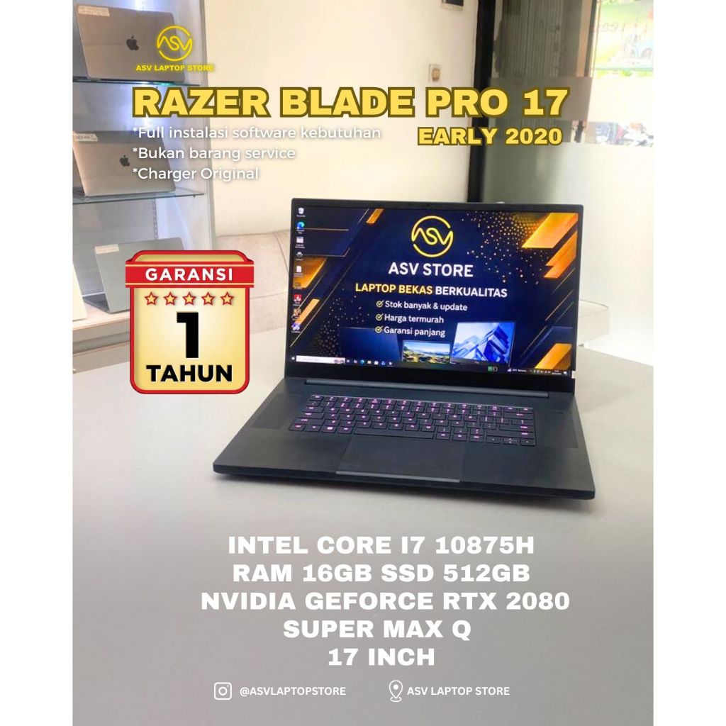 RAZER BLADE PRO 17 CORE I7 10875H RAM 16GB SSD 512GB NVIDIA GEFORCE RTX 2080 SUPER MAX Q 17 INCH LAP