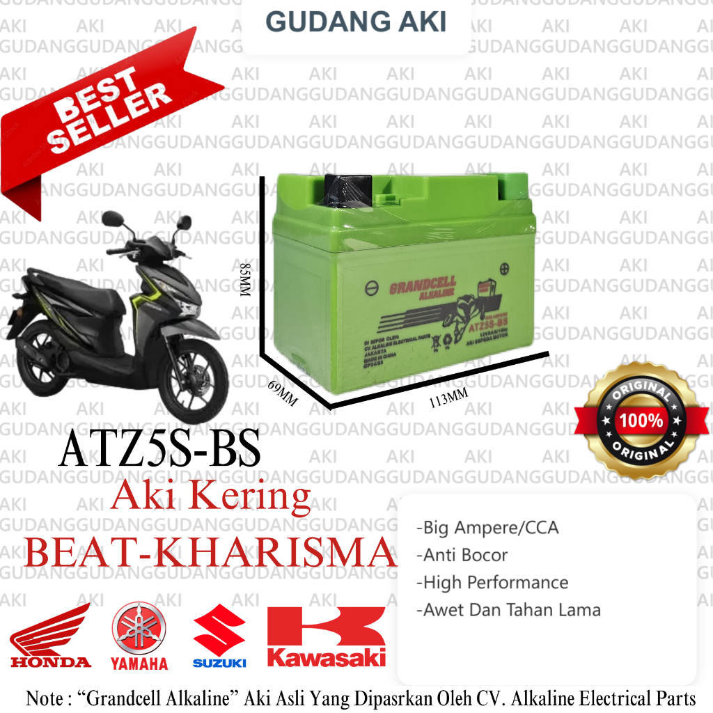Aki Motor GRANDCELL ALKALINE ATZ5S MF 12V 5Ah - Bebas Perawatan, Ringan, Tahan Lama, Mengandung Elek