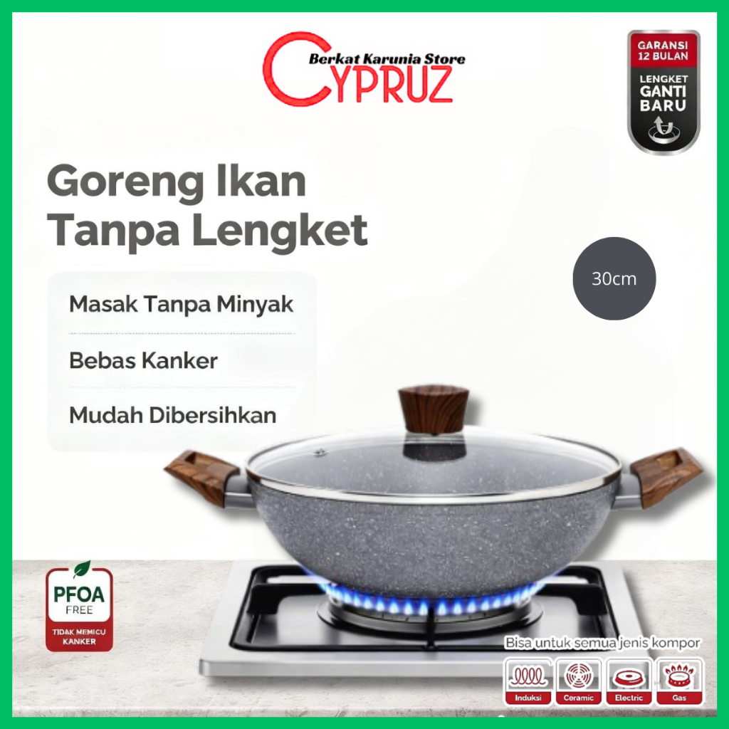 Cypruz Marble Wok Pan 30cm Tutup Kaca Wajan Anti Lengket PFOA Free Panci Masak Besar Original Tebal