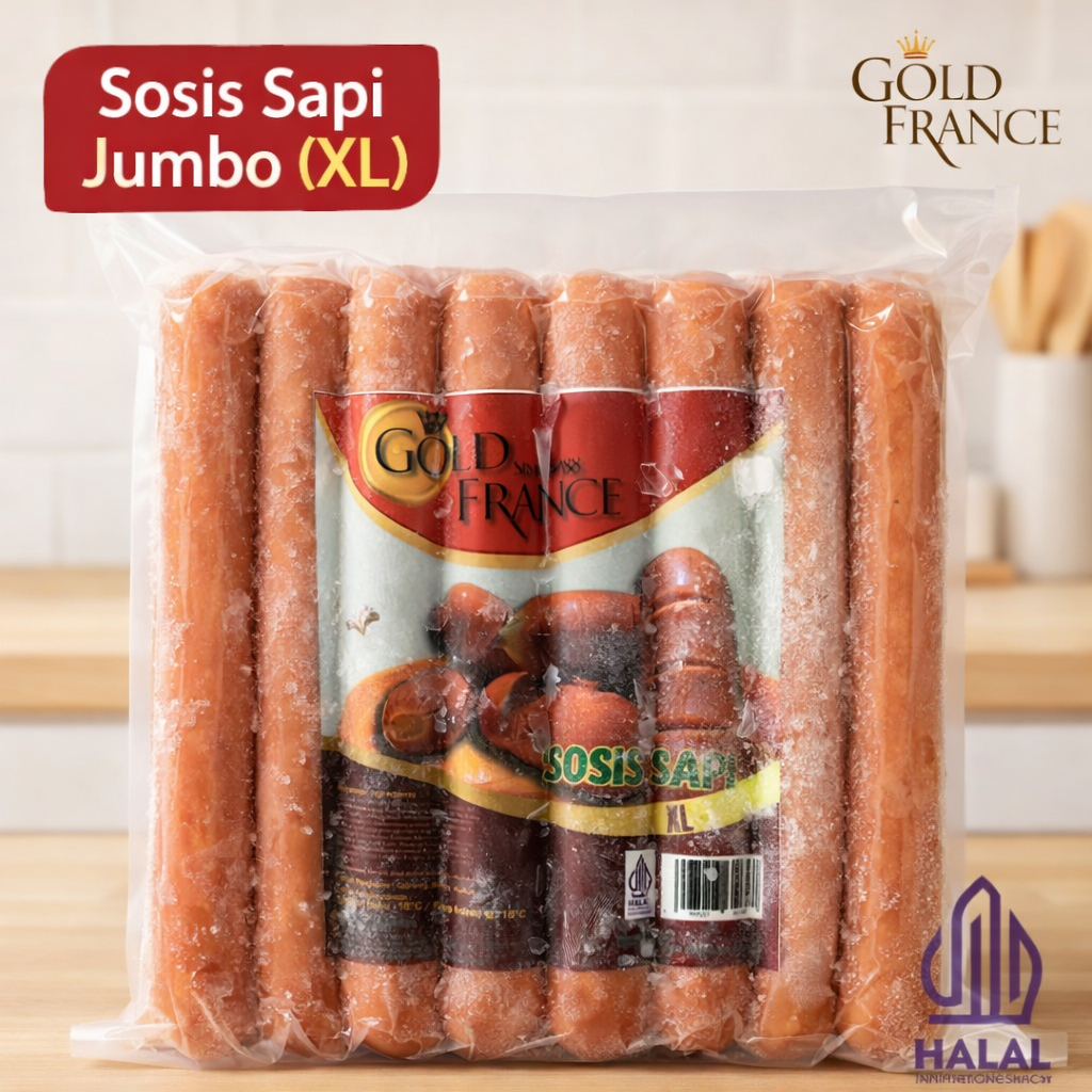 Sosis Sapi Jumbo XL GoldFrance Frozen Premium Halal 1 kg Sosis Daging Sapi Panjang Besar Enak