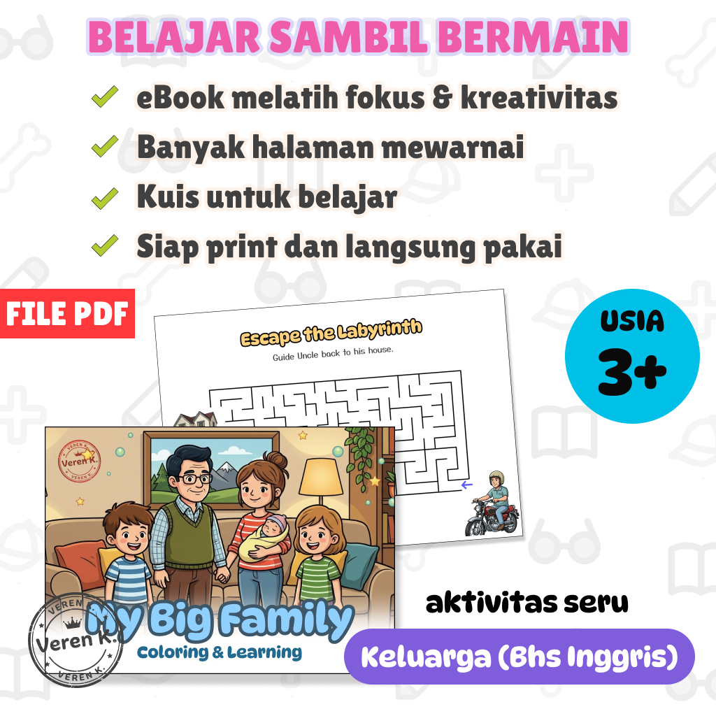 My Big Family Buku Mewarnai Digital dan Belajar Anak PDF Printable | Edukasi PAUD Anak (Bahasa Inggr