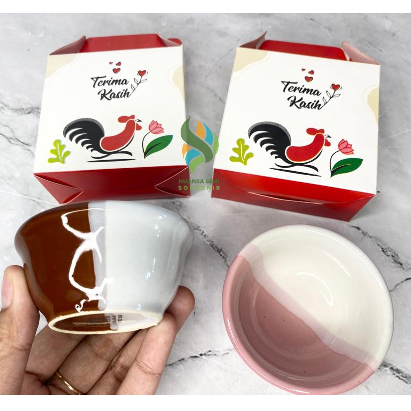 Souvenir Mangkok Keramik Two Tone Mini Mangkuk Sambal Porselen Warna Polos Kemas Box Ayam