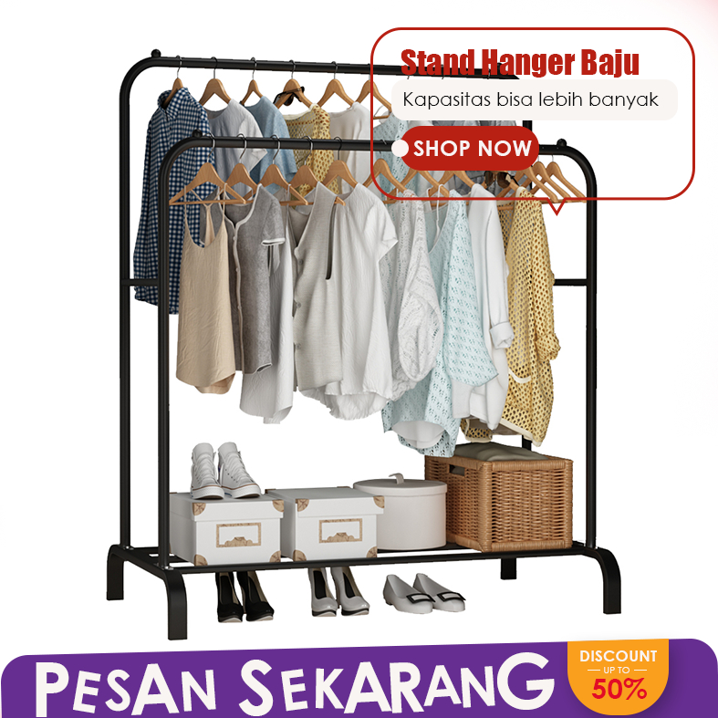 Stand Hanger Tempat Gantungan Baju Pakaian Gamis Besi Toko Jualan Portable Display Murah Serbaguna