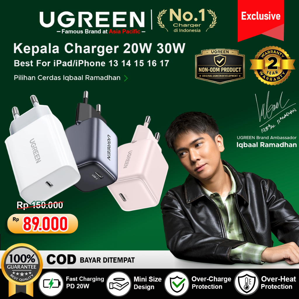 UGREEN Adaptor Kepala Charger iPhone 17 16 15 14 13 12 11 Type C PD Fast Charging 20W 30W 45W
