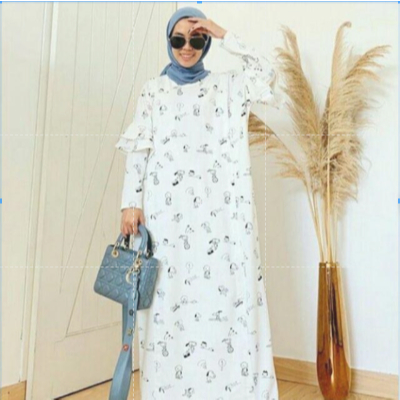 Baju menyusui ISH white snoopy iymel says hijab dress gamis daster hamil menyusui PR