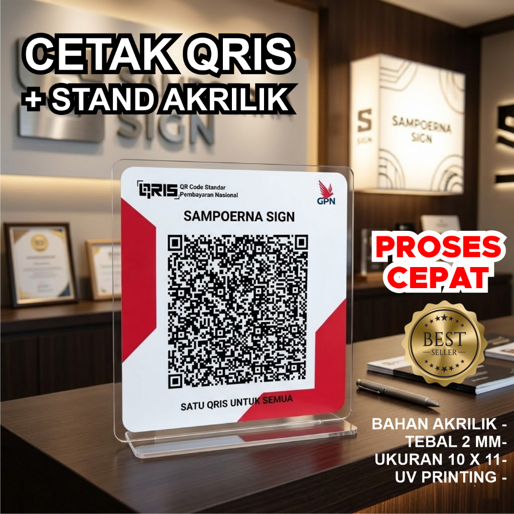 CETAK QRIS PLUS DUDUKAN / STAND AKRILIK QRIS / CETAK QRIS PLUS AKRILIK