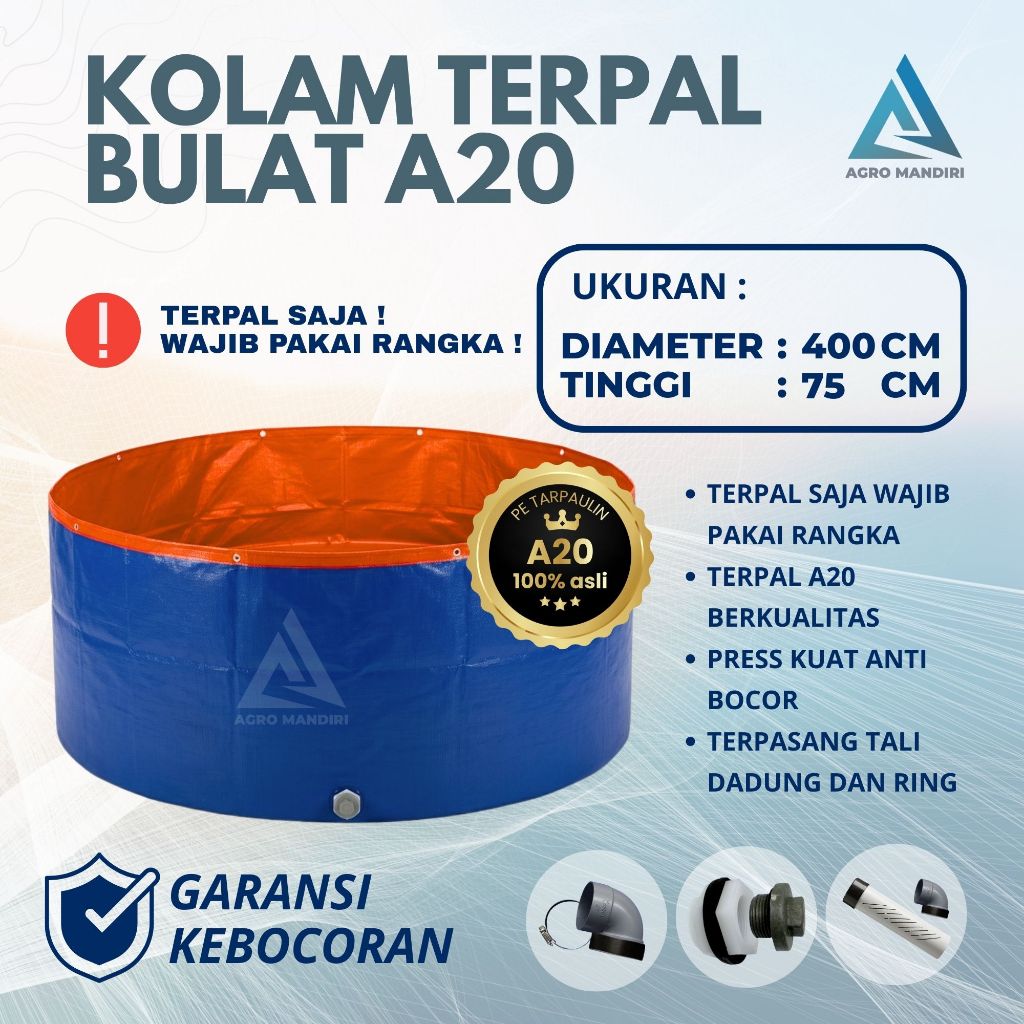 Kolam Terpal Bulat Bundar A20 Diameter 4m Tinggi 0.75m - D400 T75 cm Untuk Budidaya Ikan Lele Gurame