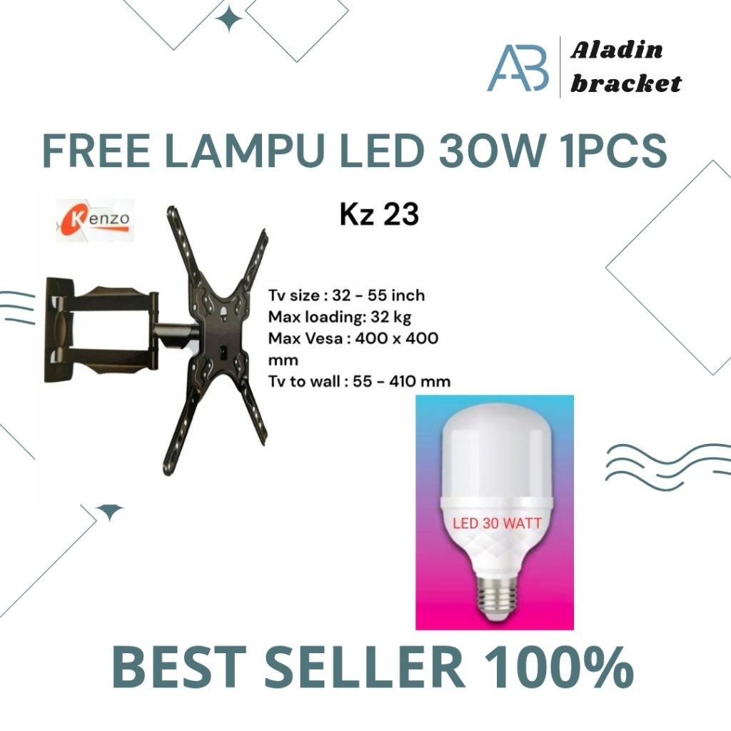 Bracket TV KENZO KZ23 (32-55") swivel & BONUS Lampu LED 30 WATT