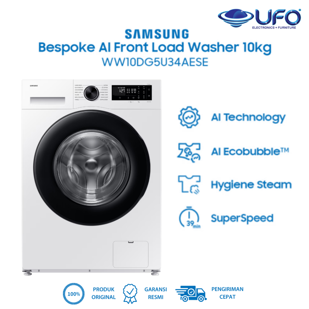 Samsung Mesin Cuci Front Load Bespoke AI 10kg - White | Mesin Cuci | EcoBubble | WW10DG5U34AESE