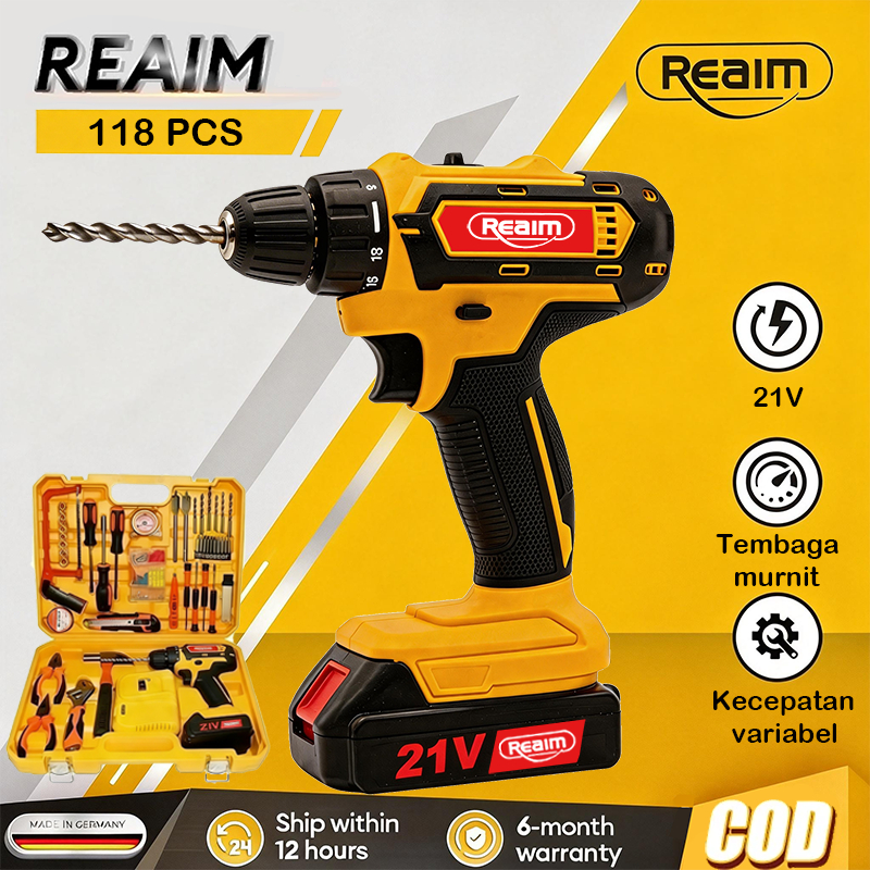 Reaim Bor Baterai Set Lengkap 118 PCS Obeng Set Lengkap Bor Listrik untuk Rumah
