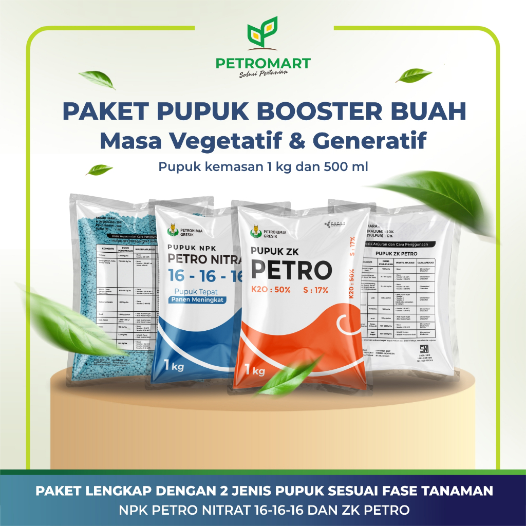 Paket Pupuk Boster Buah | Petrokimia Gresik | NPK Petro Nitrat 16-16-16 & ZK Petro | Kemasan 1 Kg