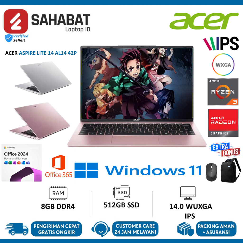 Laptop Acer Aspire Lite 14 AL14 AMD Ryzen 3 3500U 16GB 512GB SSD 14" Inch WUXGA Ips Win 11 + OHS