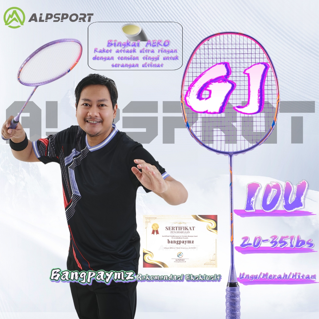 ALPSPORT GJ Max 35LBS 10U 52G Raket Bulutangkis Ungu/Hitam/Merah Senar Grip Terpasang Premium Serat 