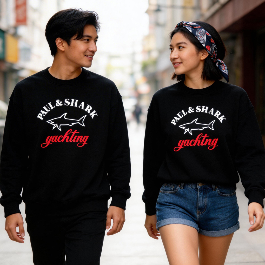 Crewneck Paul-Shark Sweater Casual Unisex Bahan Cotton Fleece