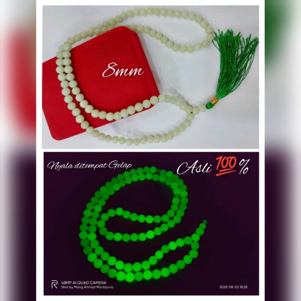 Tasbih Batu Fosfor Asli Nyala - 33 butir & 99 butir 6mm 8mm 10mm 12mm Batu Pospor Fosfat Asli import