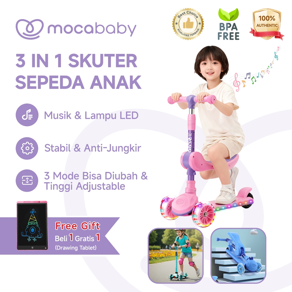 Mocababy (Buy 1 Get 1 Drawing Tablet) Skuter Sepeda Anak 3 in 1 Scooter Anak Roda 3 injak Bisa Lipat