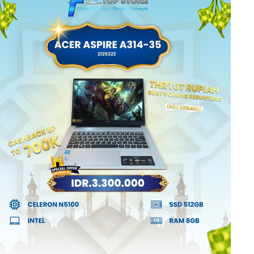 LAPTOP ACER ASPIRE A314-35 INTEL CELERON N5100 RAM 8/512GB