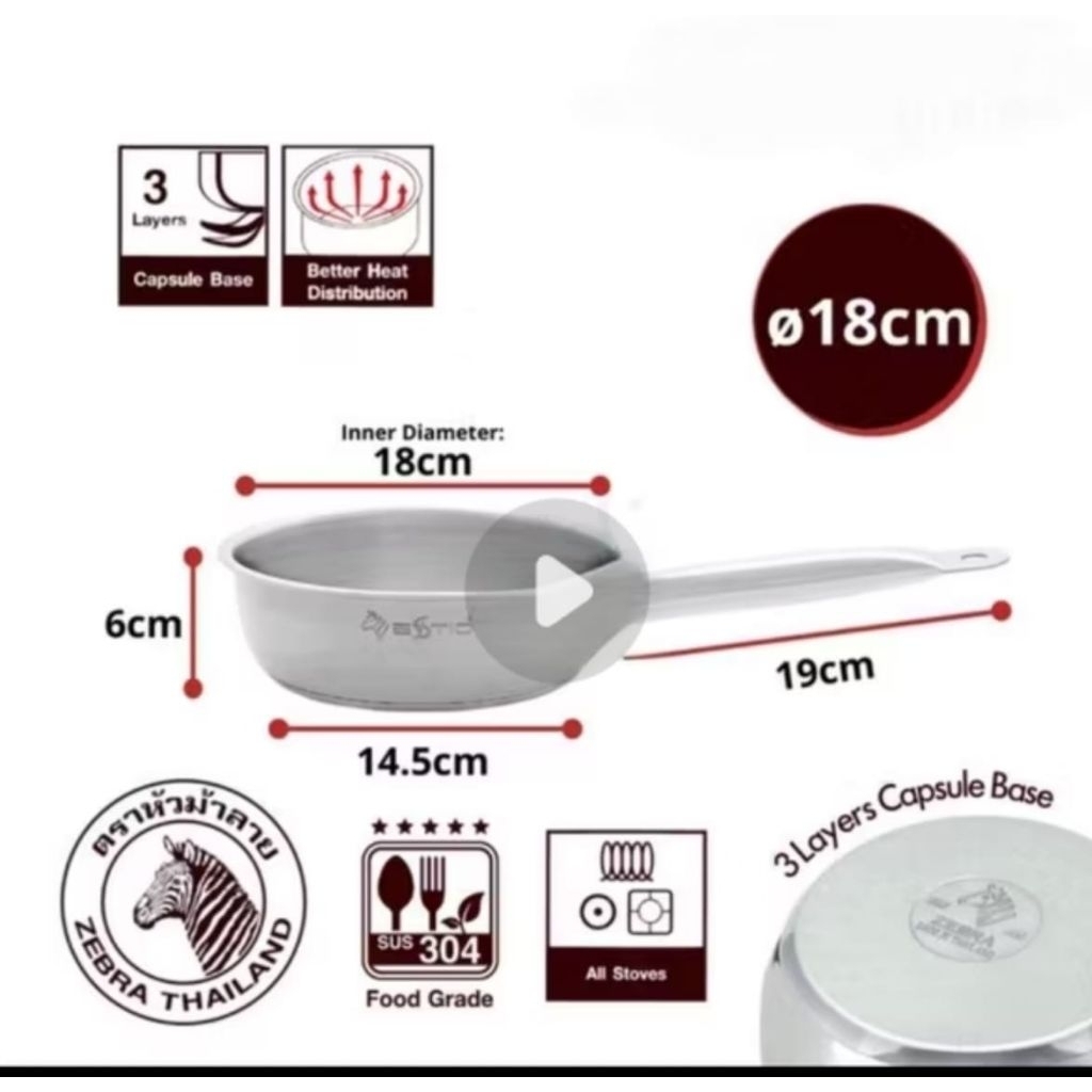 ZEBRA frying pan Wajan Penggorengan Kuali Stainless 18 Cm Estio Pro 175088