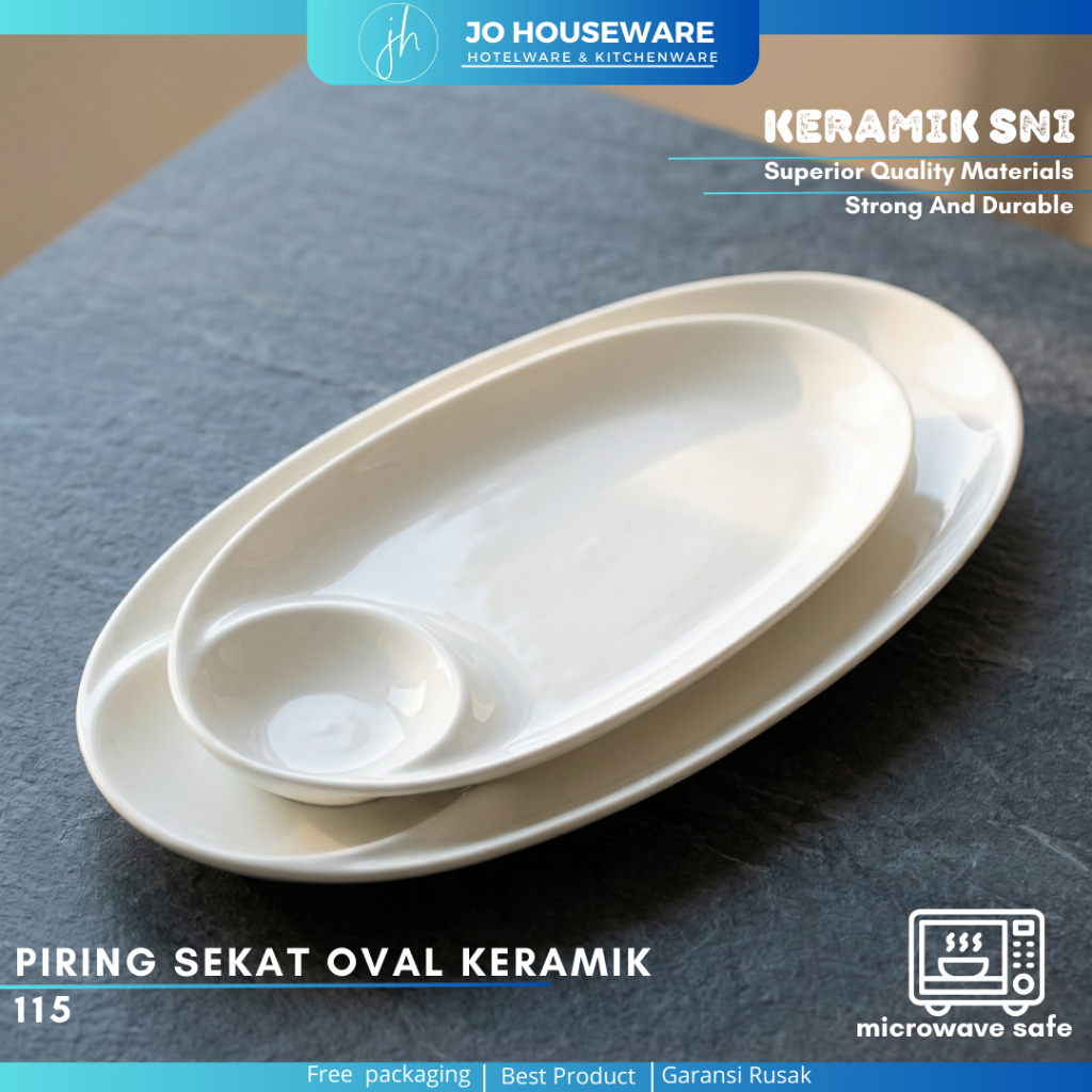 Piring Oval Sekat Bulat Keramik Premium Putih Polos / Piring Oval Sekat Hotelware Serbaguna