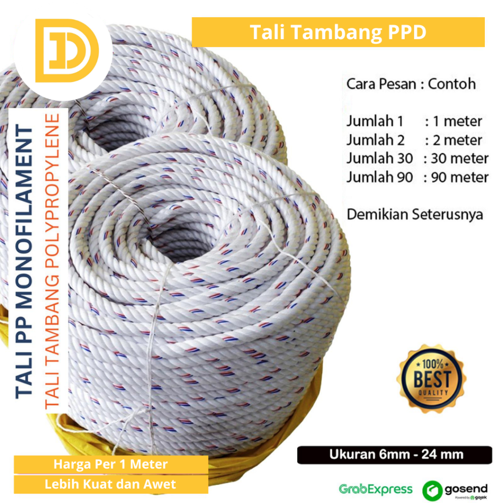 Tali Tambang PPD 6mm 8mm 10 mm 12mm 14mm 16mm 18mm 20mm 22mm 24mm Tali Tambang PP Kecil Sedang Besar