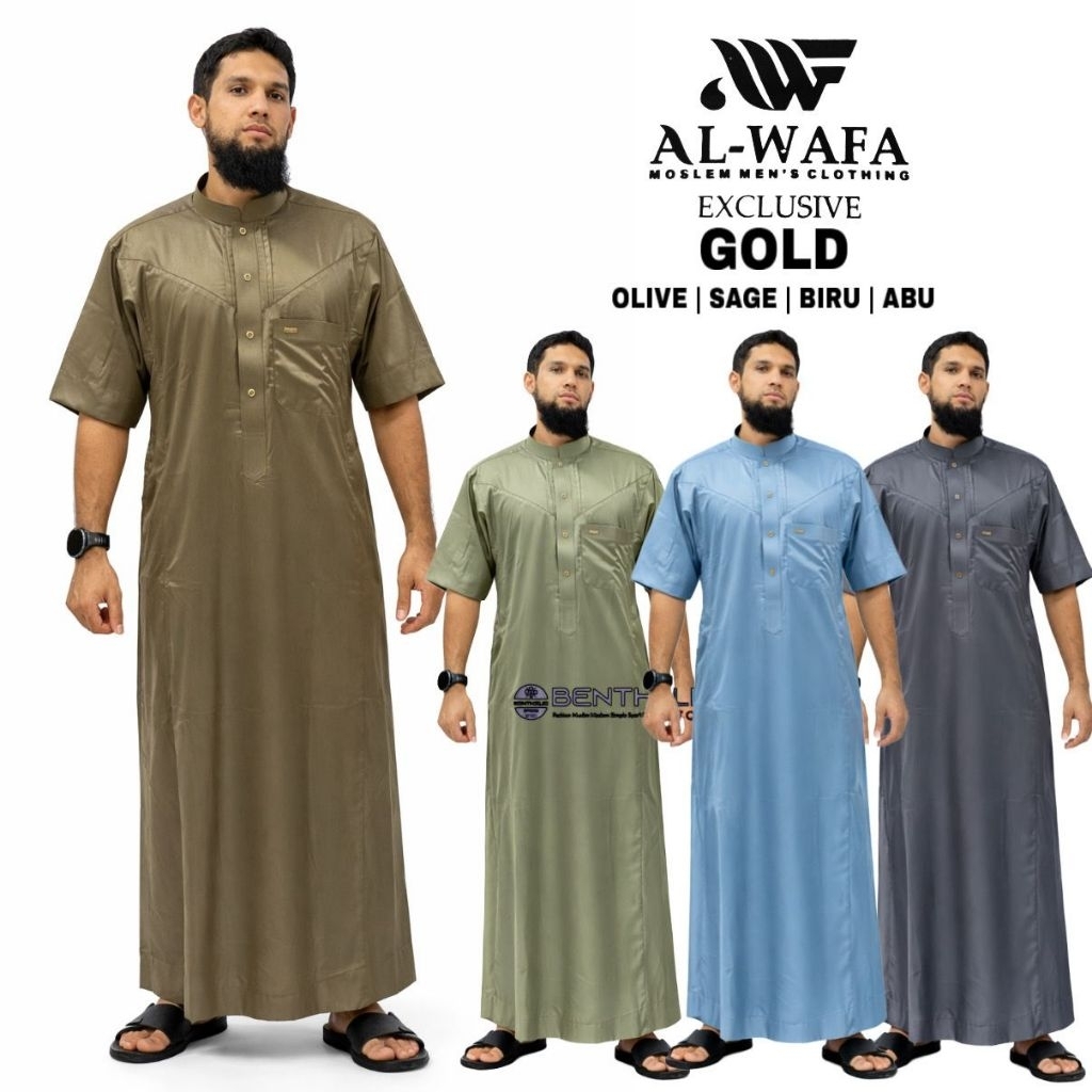 Jubah Al-Wafa/AWF Gold Exclusive  Bahan Satin Poliyester Gamis Muslim Pria Lengan Pendek Cuff