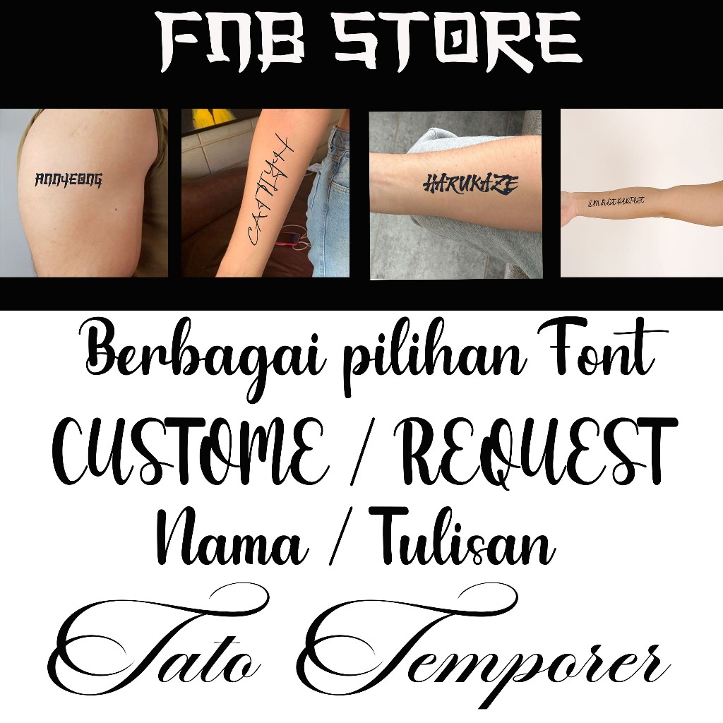Custom Nama / Tulisan Tato temporer, Sticker Tato, Tahan Air dan Keringat