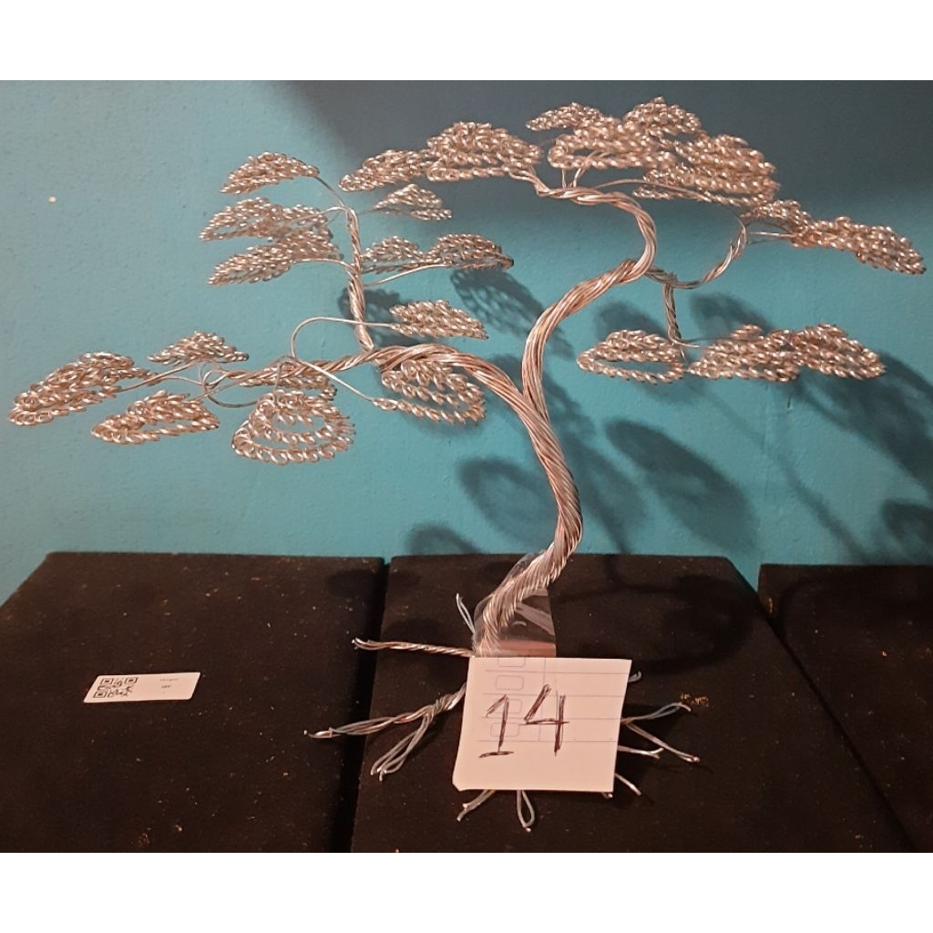 Hiasan Ruangan Pohon Bonsai Kawat Aluminium 32 Daun Silver Full