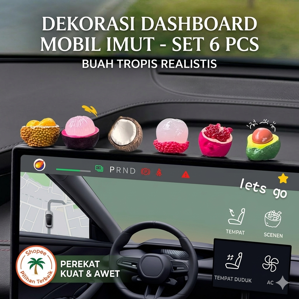 OFF WE GO Mini Buah Lucu Dekorasi Dashboard Mobil | Hiasan Layar Mobil Realistis Aksesoris Mobil