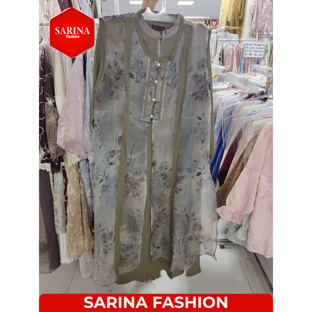 Gamis Muslimah Pakai Rompi Kancing Depan Motif Bunga Size Jumbo