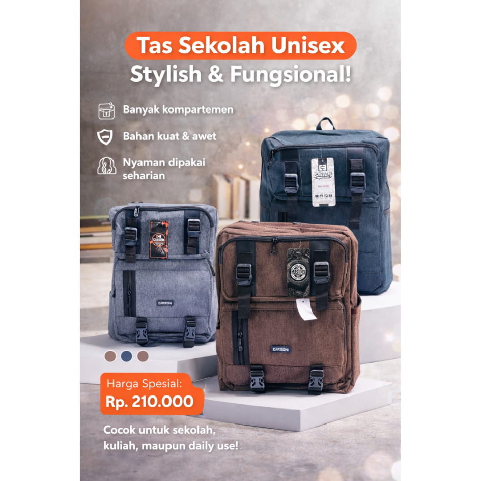 (CARBONI) Tas Ransel Sekolah Unisex Carboni – Kuat, Nyaman & Stylish untuk SD, SMP, SMA, Kuliah, Ker