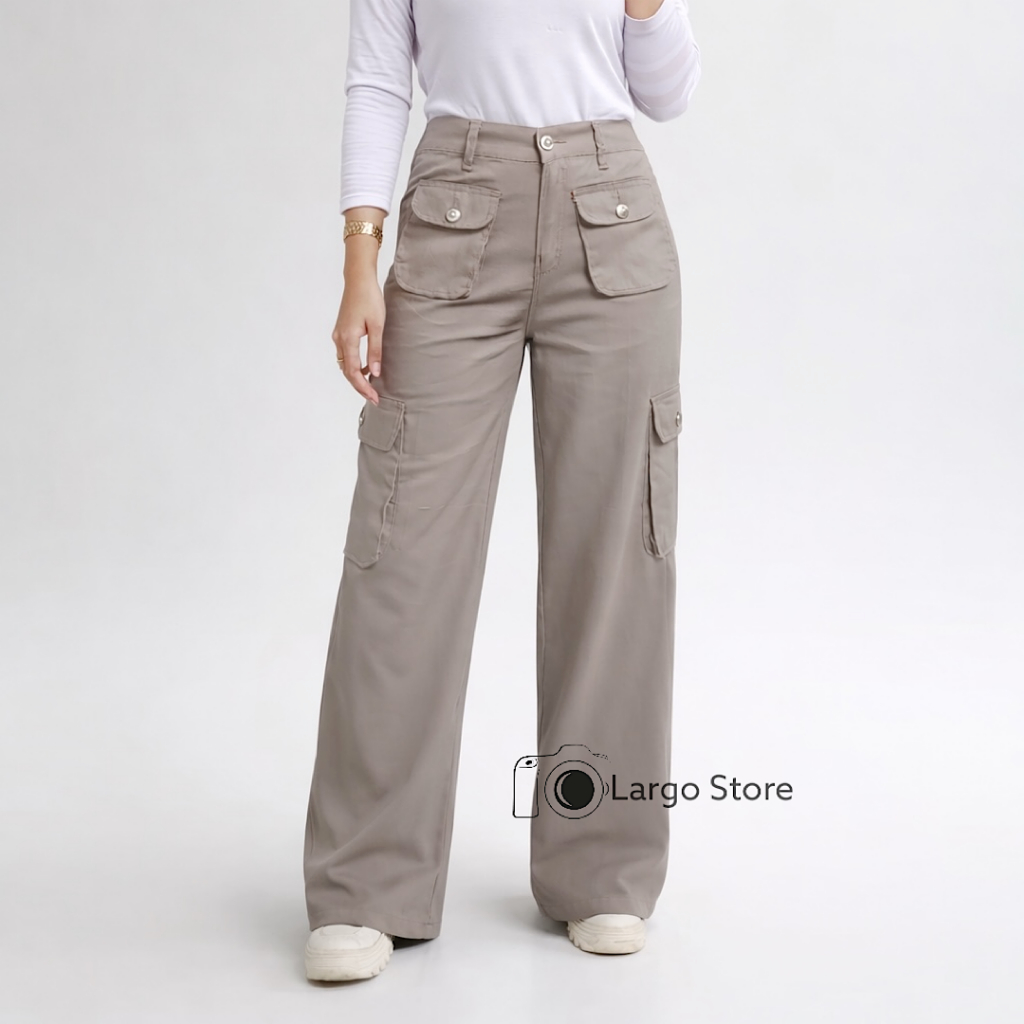 Celana Cargo Panjang Wanita Highwaist - Cargo Denim Pasir Putih Krem Cargo LULU