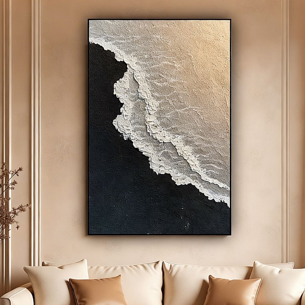 Lukisan Abstrak Kanvas Modern Minimalis - Ombak Teksture Hitam Putih - Hiasan Dinding Ruang Tamu Mew