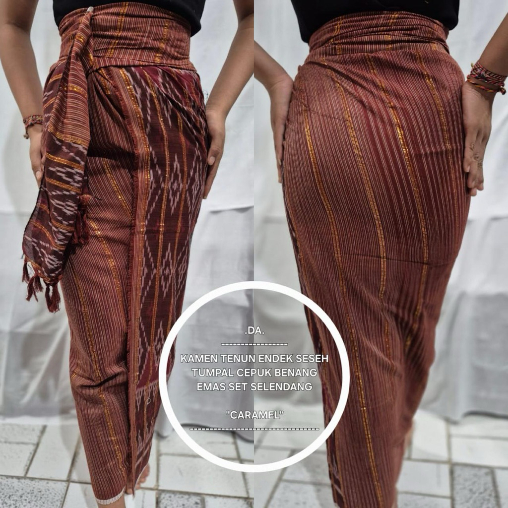 Kamen tenun Endek Seseh Tumpal Cepuk benang Emas set selendang