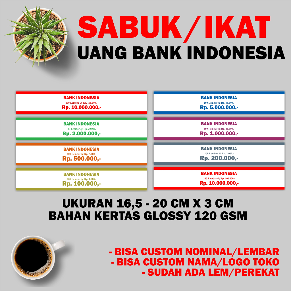 Sabuk Ikat Uang Bank Indonesia Nominal Rp 100.000 - Rp 10.000.000, Bahan Kertas Glossy 120 GSM