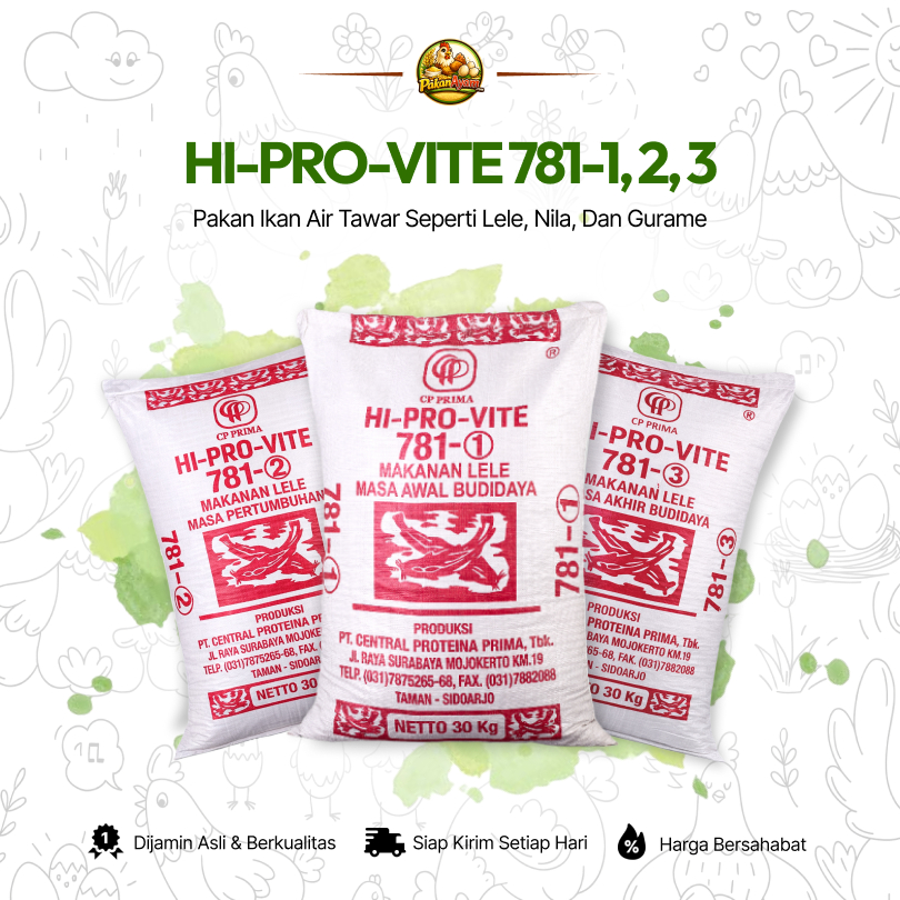 HI-PRO-VITE 781-1, 781-2 dan 781-3 | PELET PAKAN IKAN LELE, GURAME, NILA, DLL. | GROSIR 1 SAK (30 KG