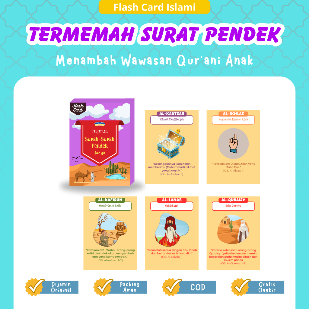 Flash Card Islami Terjemah Surat Pendek Juz 30 - Mainan Edukatif 37 Card - Belajar Al-Qur'an