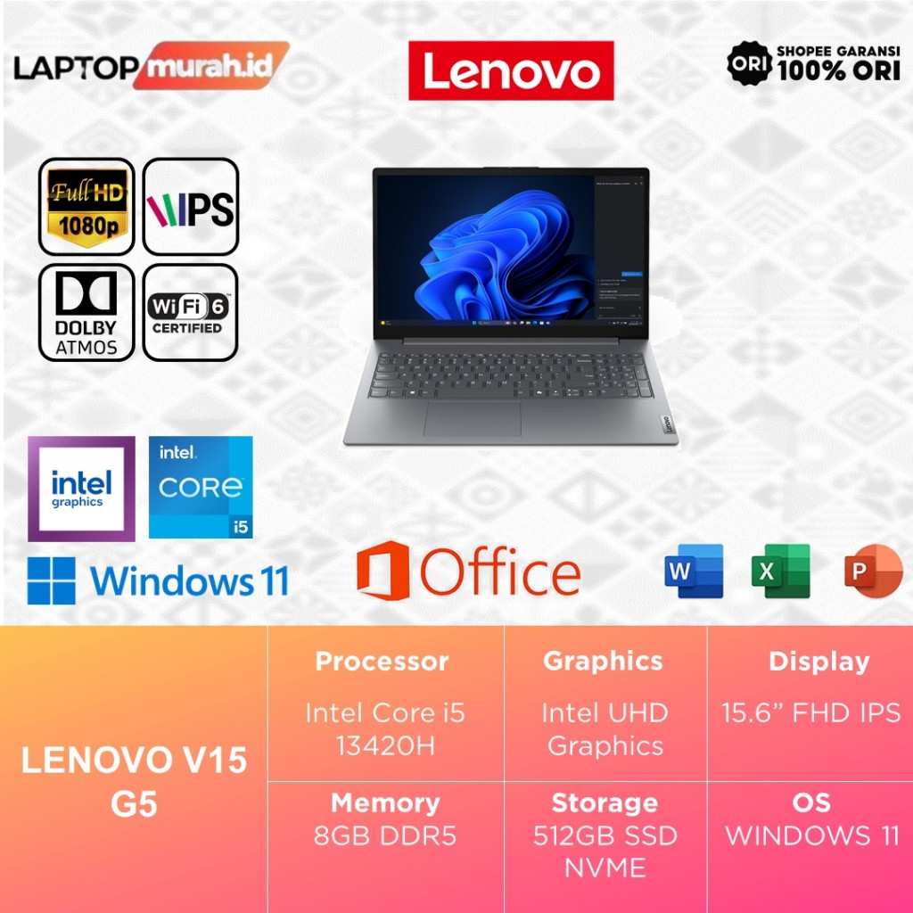 Lenovo V15 Gen 5 Intel i5 13420H 32GB 1TB SSD Win 11 + OHS 15.6 FHD IPS - Laptop Lenovo Ringan