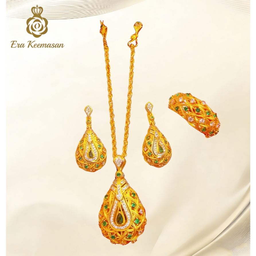 Set Kalung, Cincin, dan Anting Emas 24K dan Batu Permata untuk Wanita Desain Elegan, Nyaman Dipakai 