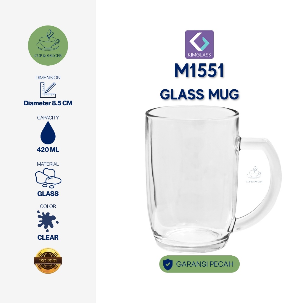 Gelas Kaca Mug KimGlass M1551 420ml Tebal Tahan Panas Transparan Besar untuk Kopi Teh Susu Beer Cafe