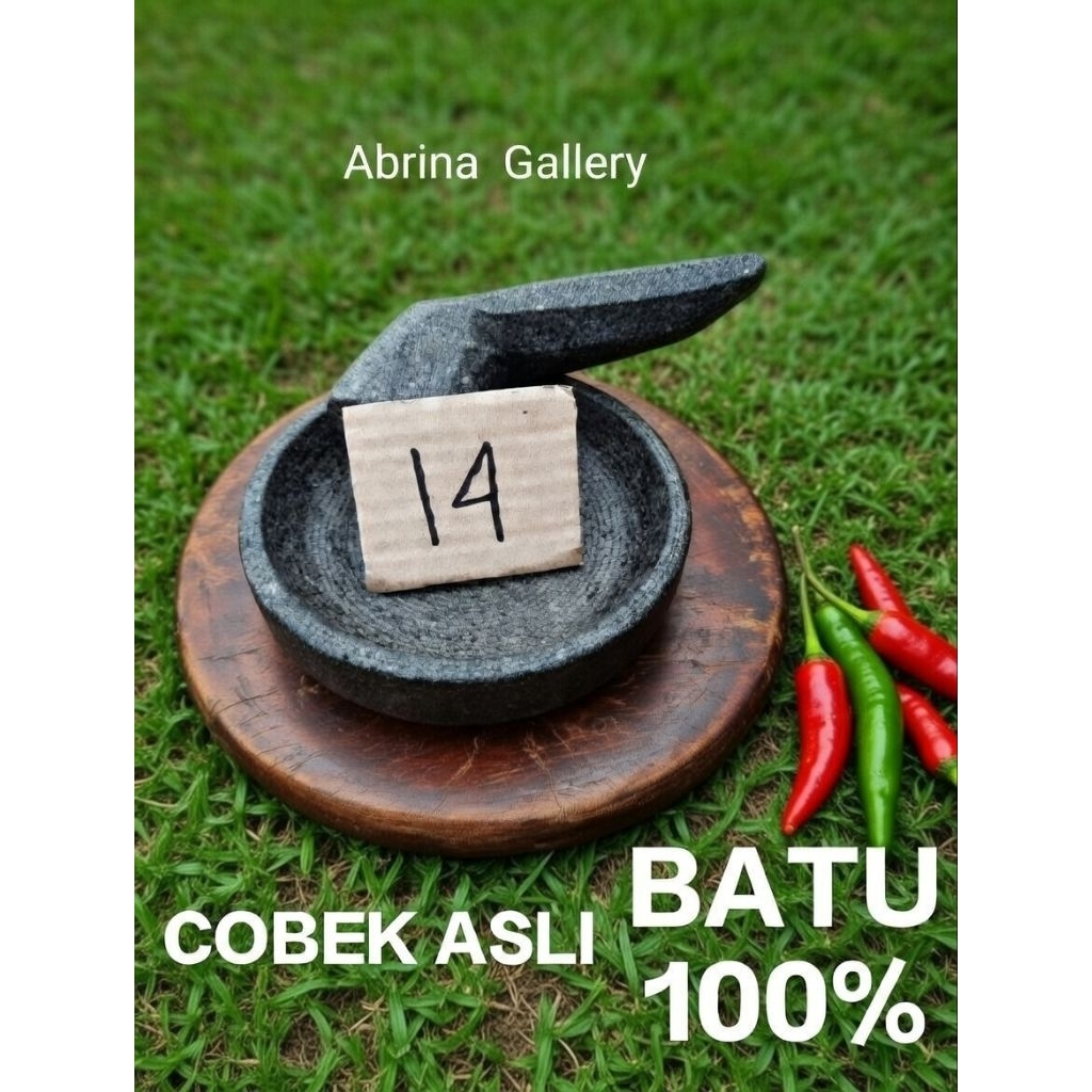 Cobek Batu Asli Gunung Ukuran 14cm dengan Ulekan - Anti Karat, Anti Jamur, Kuat, Anti Luntur, dan Ta