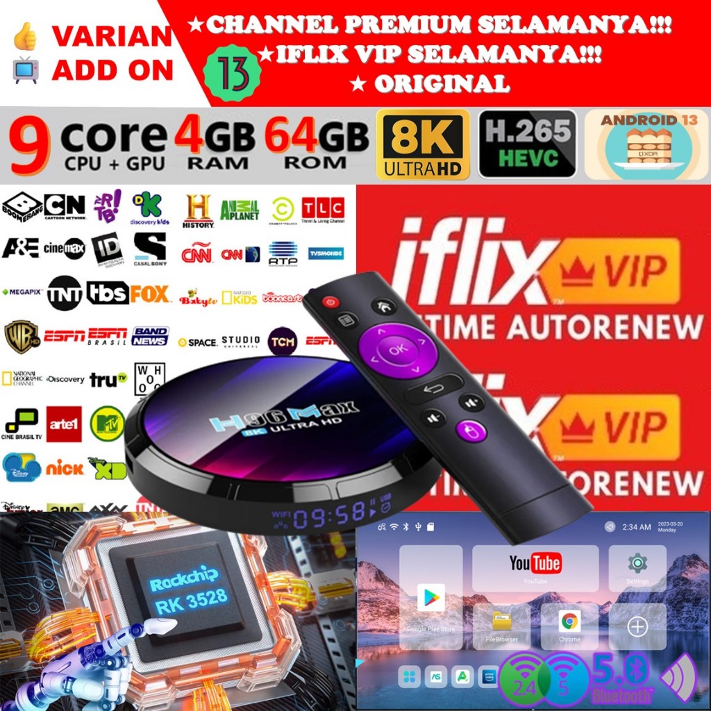 STB Android 13 Smart TV Box Android H96 MAX V13 Ram 4GB Rom 64GB 4/64 Unlock Full Channel TV Iflix T