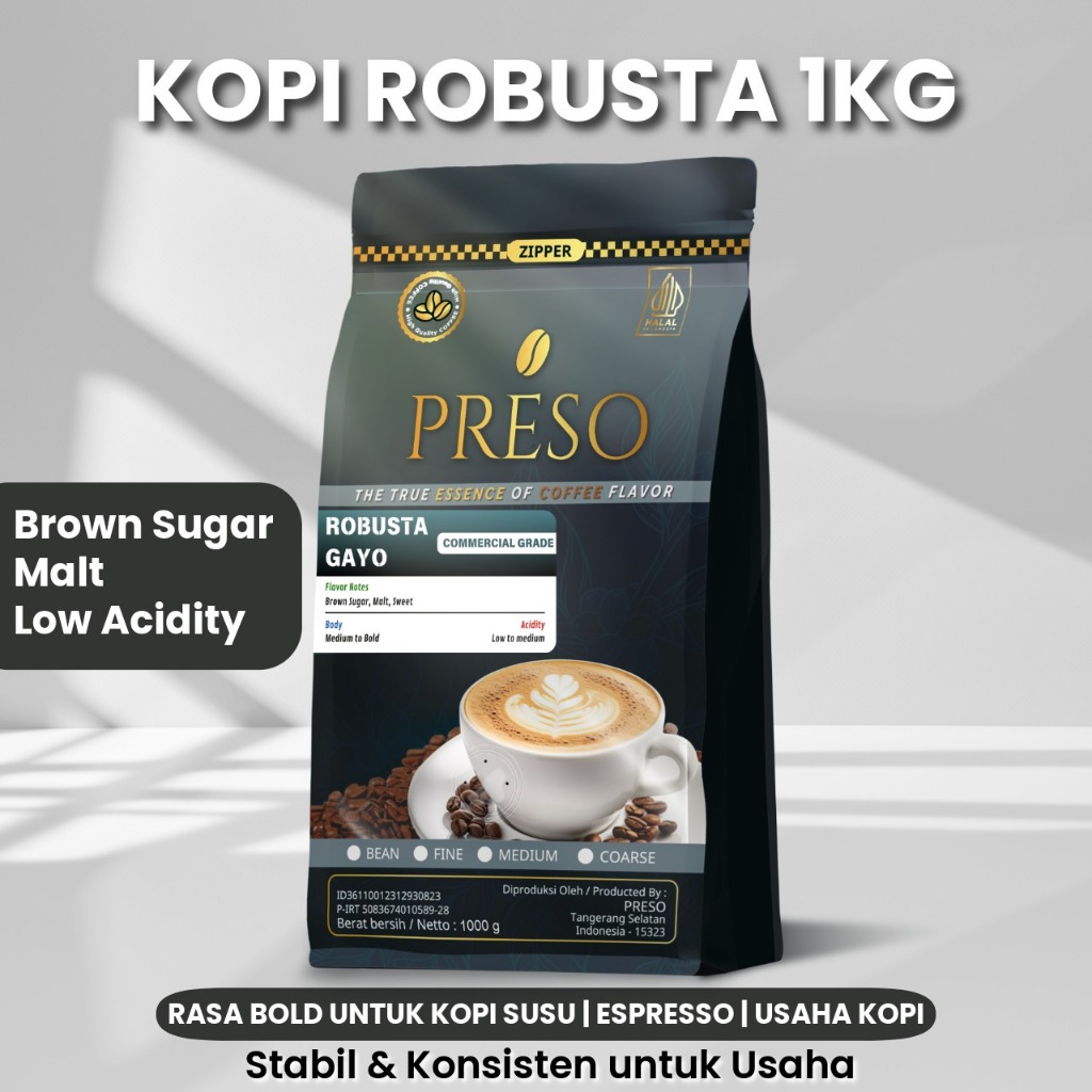 Kopi Robusta Gayo Aceh 1kg – Espresso Roast Biji / Bubuk untuk Espresso & Kopi Susu | PRESO