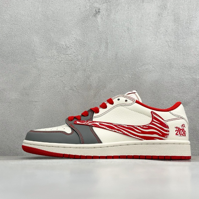 Sepatu Air Jordan 1 Low Tahun Kuda 2026 Krem Abu-abu Merah Pria Wanita Premium Anti Slip