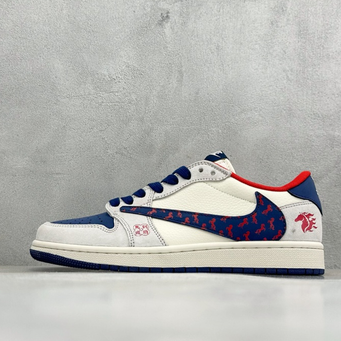 Sepatu Air Jordan 1 Low x Travis Scott Tahun Kuda Putih Biru Merah Pria Wanita Premium Anti Slip