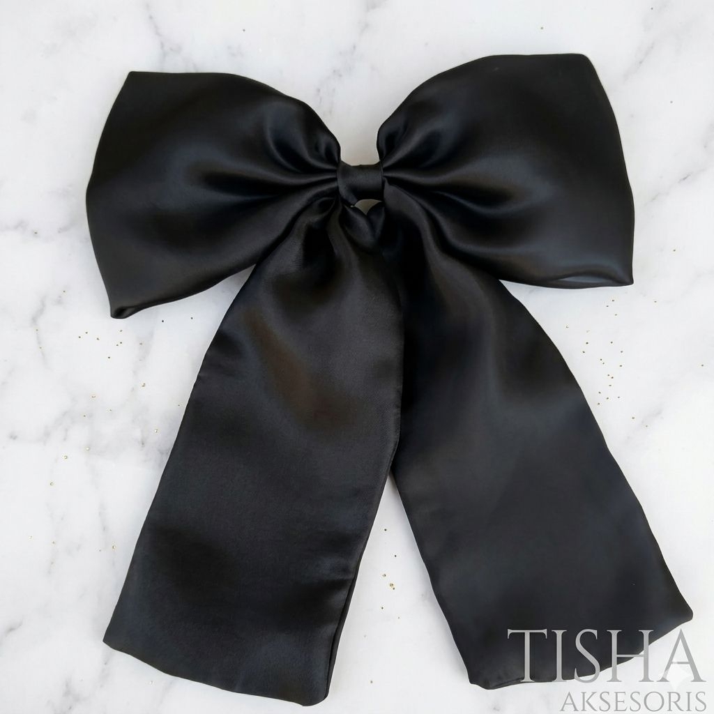 ​Pita Hitam Organza Glowing Berekor Jatuh - Aksesoris Gaun Pesta & Hijab Mewah Premium