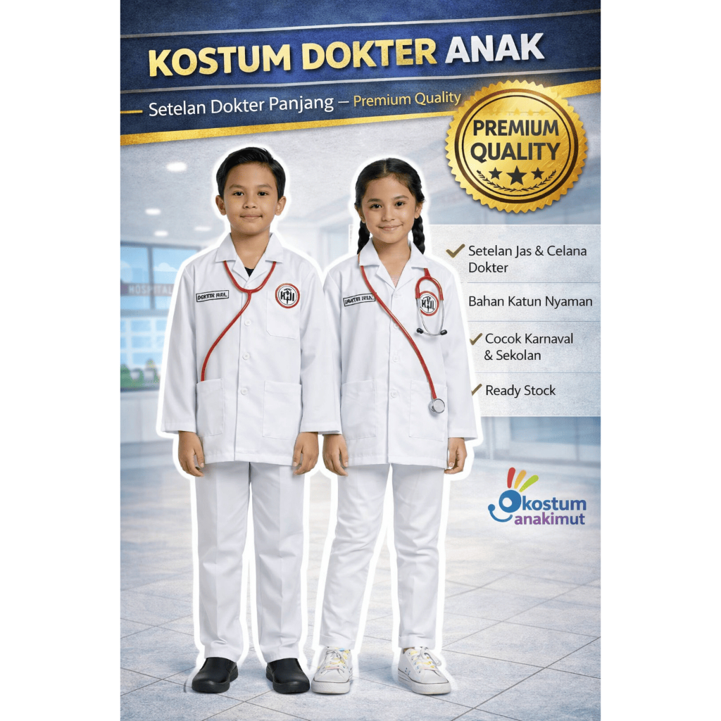 Setelan Jas Dokter Anak Putih Lengan Panjang - Baju Profesi Dokter Cilik Perempuan Laki-Laki - Kostu